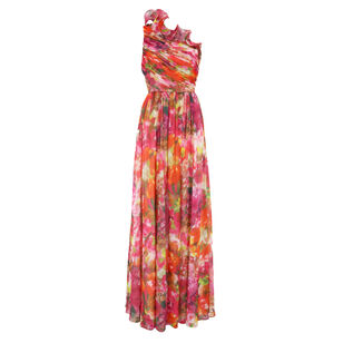 One-Shoulder Floral Print Ruffle Gown