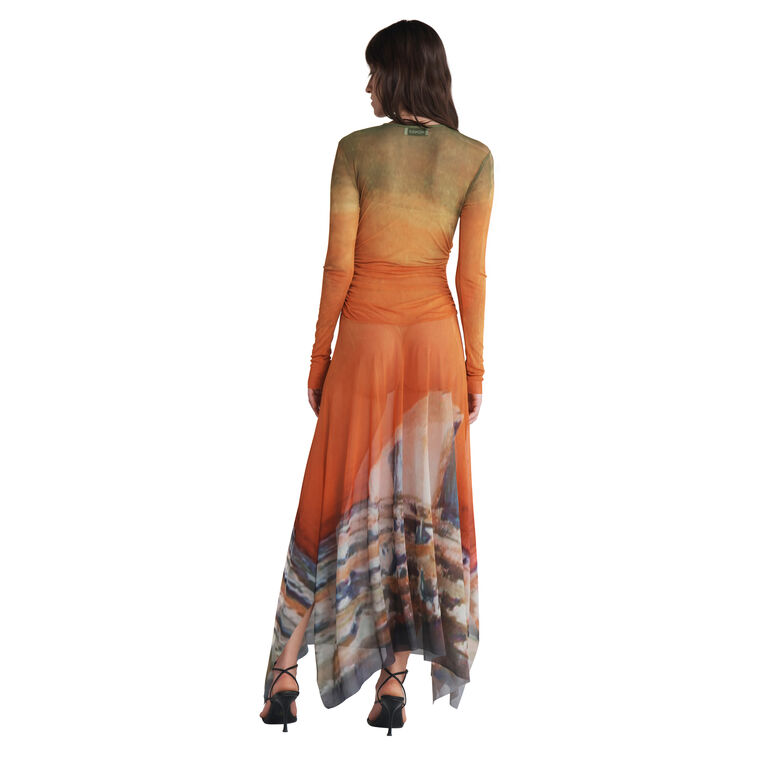 Printed Mesh Handkerchief Hem Midi Dress image number null