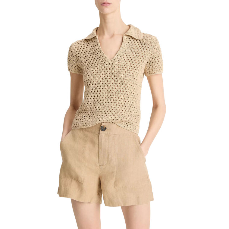 Short Sleeve Macrame Cotton Polo Sweater image number null