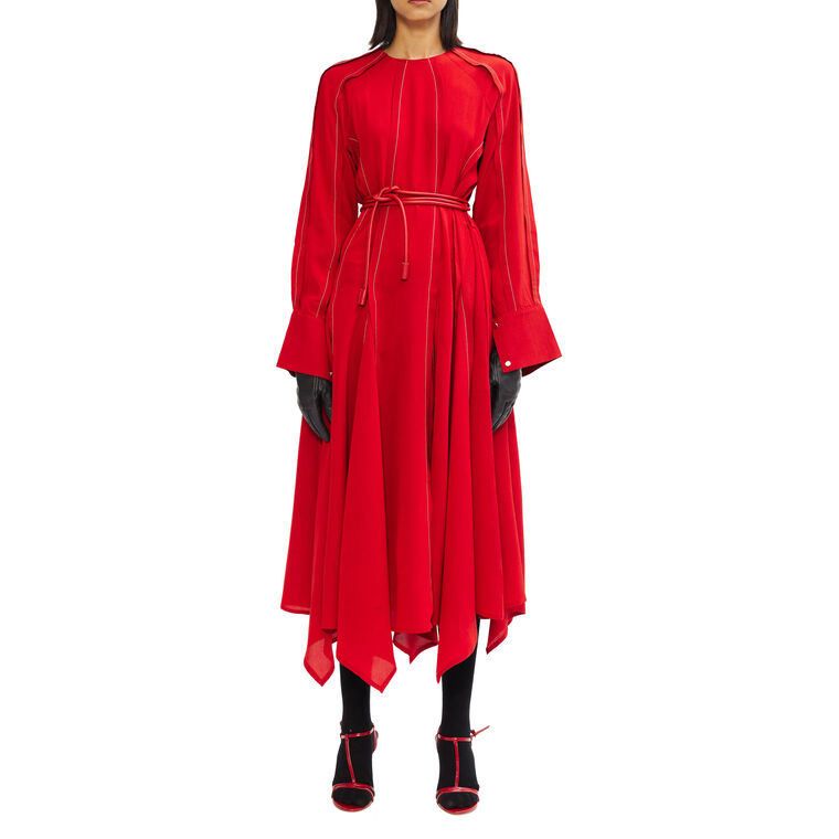 Raspberry Long Sleeve Handkerchief Hem Midi Dress image number null