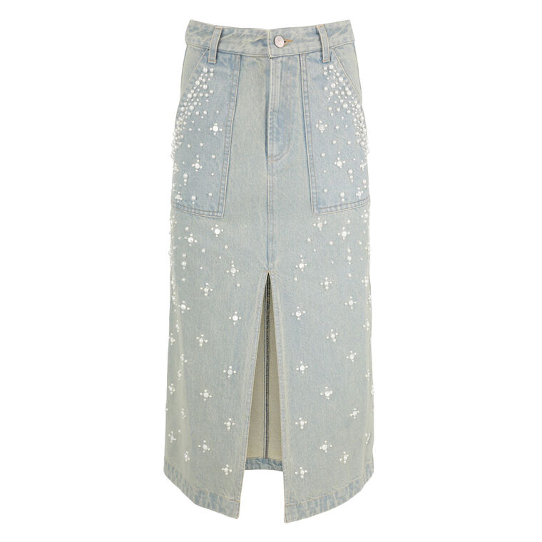 Perlette Embellished Denim Midi Skirt image number null