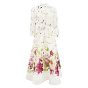 Silk-Linen Floral Border Shirtwaist Dress