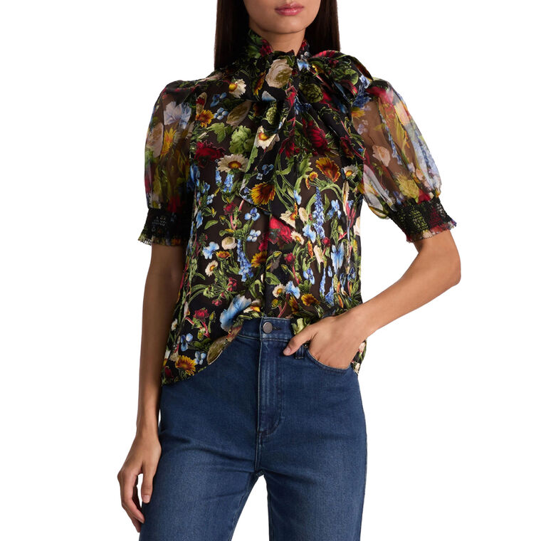 Brentley Tie Neck Short Puff Sleeve Blouse image number null