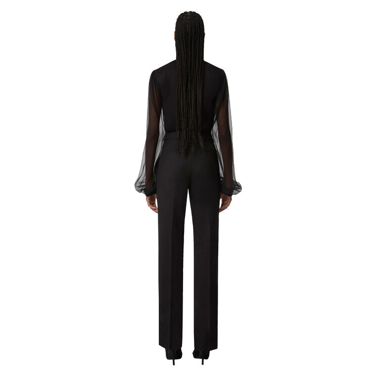 Ruffled Highneck Long Sleeve Silk Blouse image number null