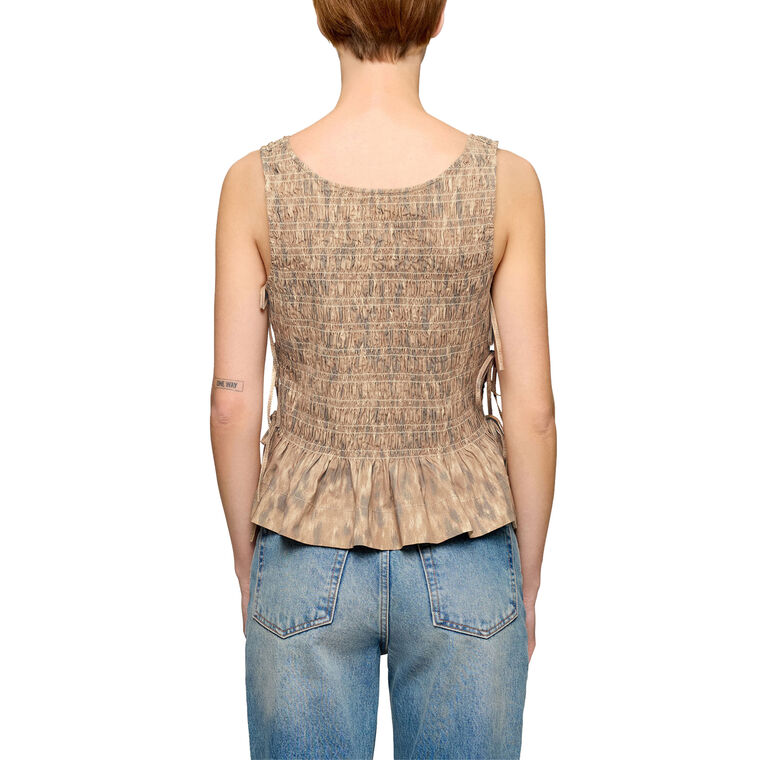 Printed Cotton Smocked Tie Strap Tank Top image number null