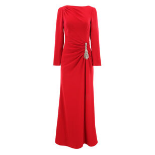 Long Sleeve Crepe Ruched Jewel Applique Gown