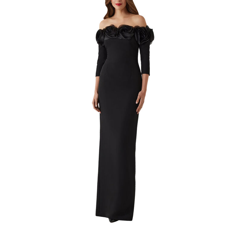 Crepe 3D Flower Off The Shoulder Gown image number null