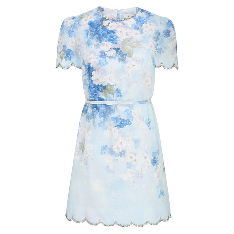 crush scalloped mini dress Zimmermann Crush Belted Crystal-Embellished Scalloped Floral-Print Linen Mini Dress in Blue