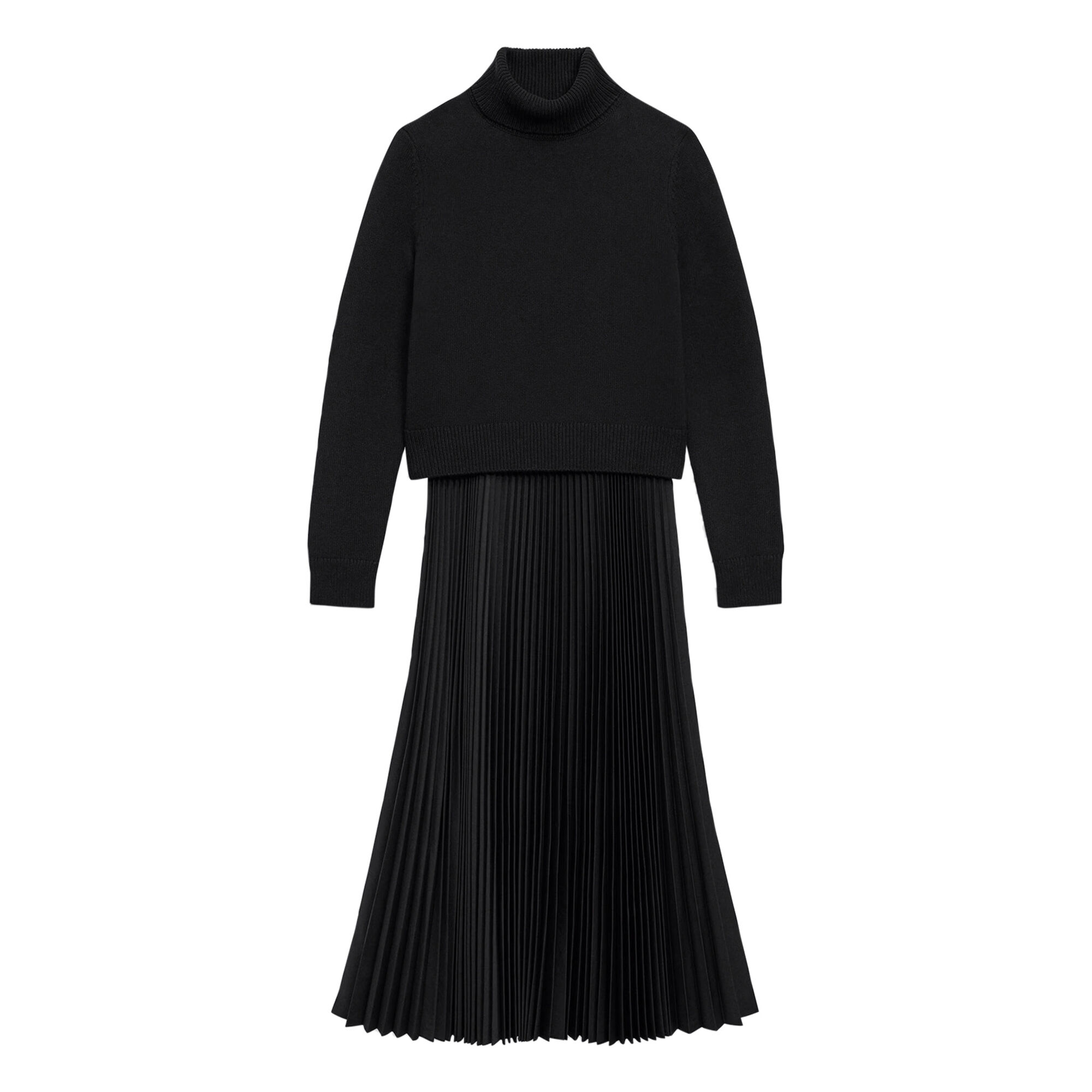 Pleated Combo Turtleneck Midi Dress