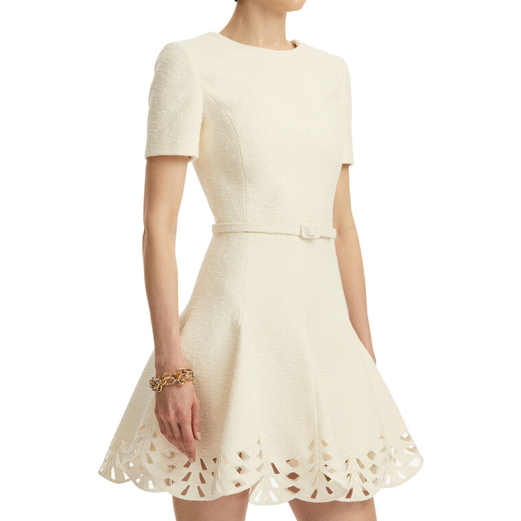Short Sleeve Cutout-Hem Belted Tweed Mini Dress image number null
