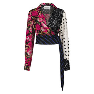 Long Sleeve Draped Patchwork Silky Twill Wrap Shirt