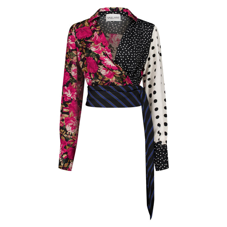 Long Sleeve Draped Patchwork Silky Twill Wrap Shirt image number null