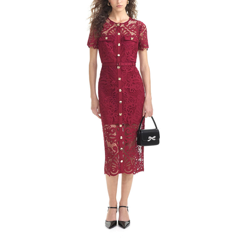 Red Guipure Lace Button Midi Dress image number null
