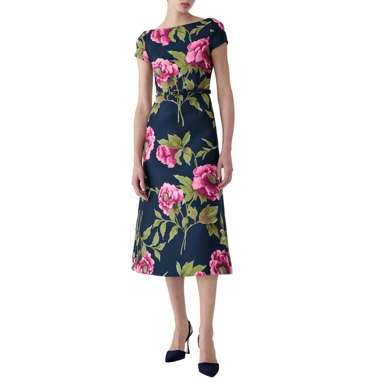 Short Sleeve Peony Jacquard Belted Midi Dress image number null