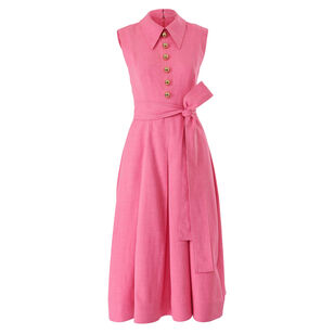 Sleeveless Belted Pleated Midi Dress With Collar