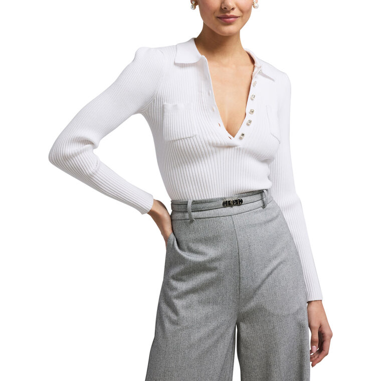 Perry Rib-Knit Rhinestone Polo Sweater image number null