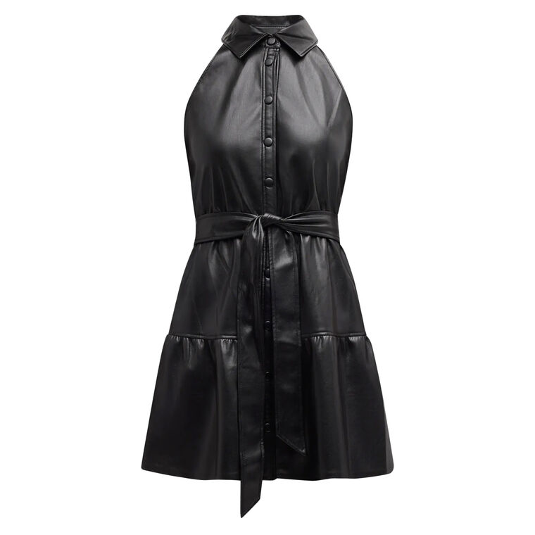 Miranda Vegan Leather Tiered Mini Dress with Belt image number null