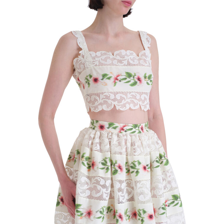 Sleeveless Chine Hibiscus-Print Lace-Trim Crop Top image number null
