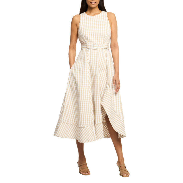 Zelda Sleeveless Belted Gingham Denim Midi Dress image number null