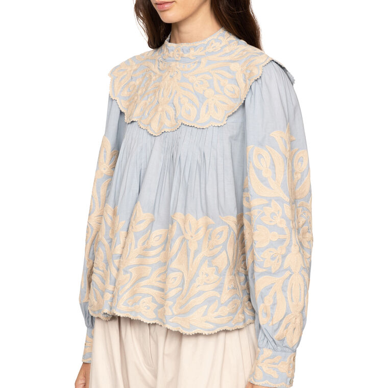 Alexandra Pleated Embroidered Cotton-Voile Blouse image number null