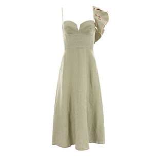 Stripe Monstera Leaf Sleeveless Linen Midi Dress