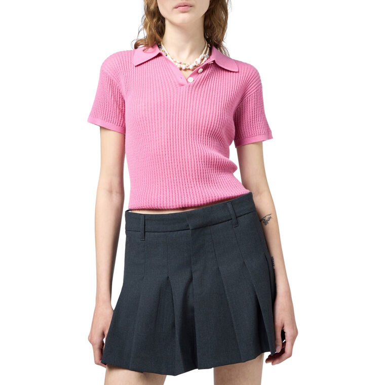 Shrunken Short Sleeve Waffle Knit Polo Top image number null