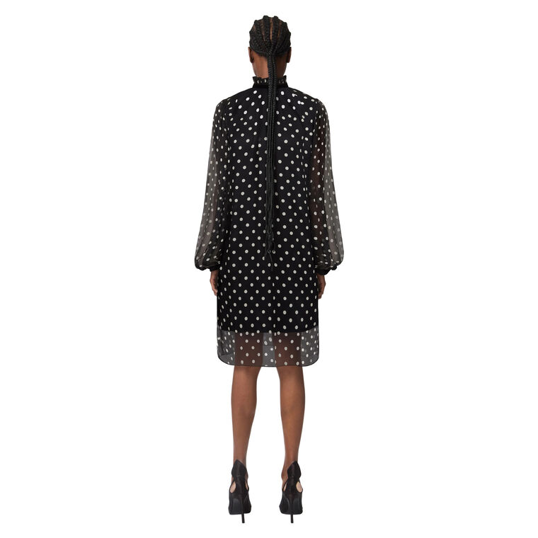 Ruffled High Neck Polka-Dot Silk Midi Dress image number null