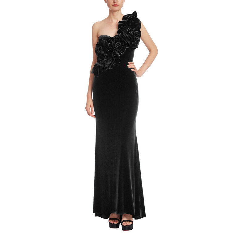 Velvet One Shoulder Rosette Gown image number null