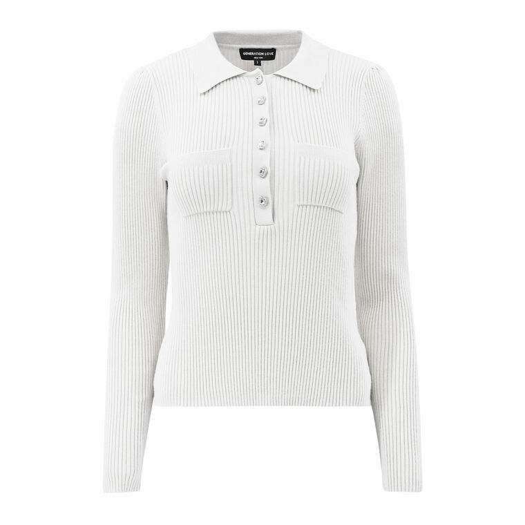 Perry Rib-Knit Rhinestone Polo Sweater image number null