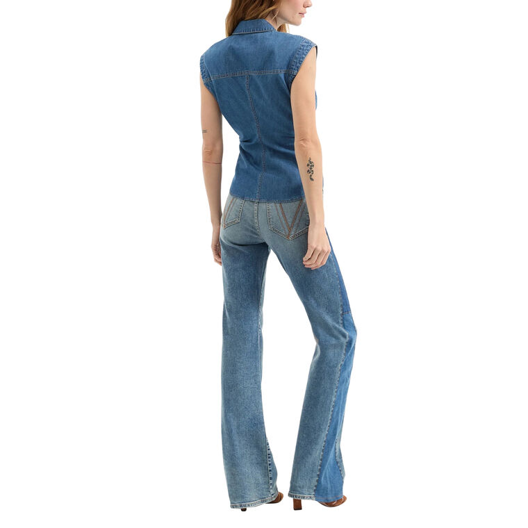 Sera Ruched Denim Cap-Sleeve Button-Down Top image number null