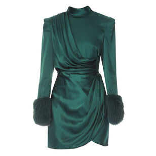 Silky Long Sleeve Mini Dress With Faux Fur Cuff