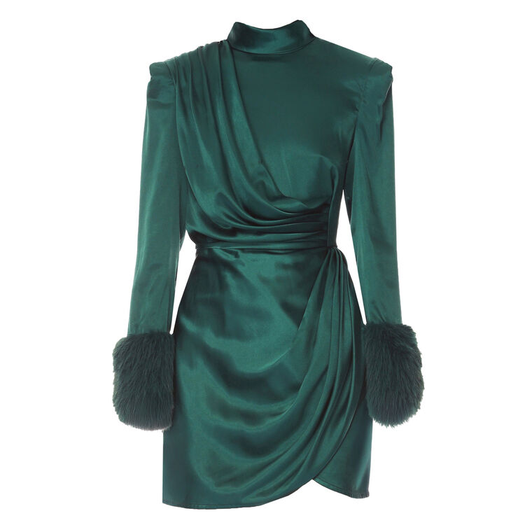 Silky Long Sleeve Mini Dress With Faux Fur Cuff image number null