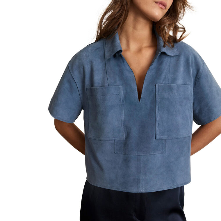 Jade Short Sleeve V-Neck Suede Top image number null