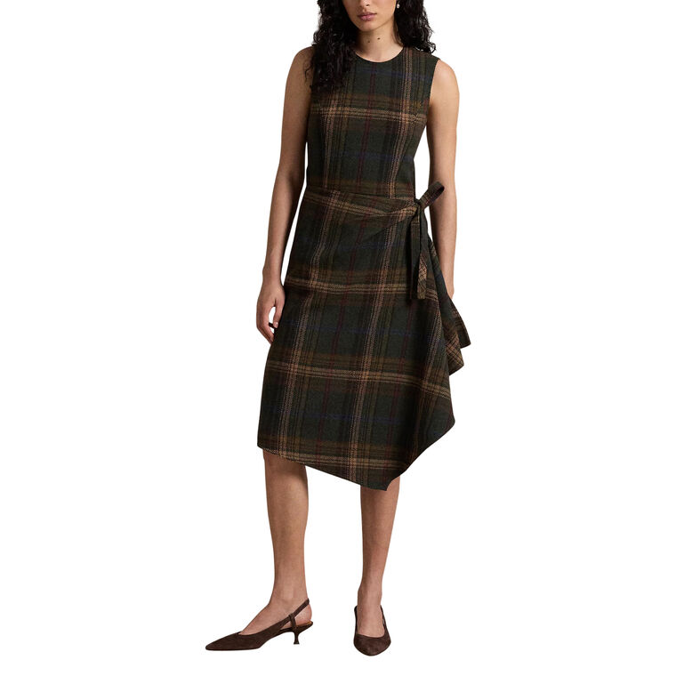 Plaid Wool Blend Sleeveless Faux-Wrap Day Dress image number null