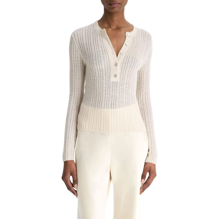 Waffle-Knit Cashmere-Silk Henley Sweater image number null