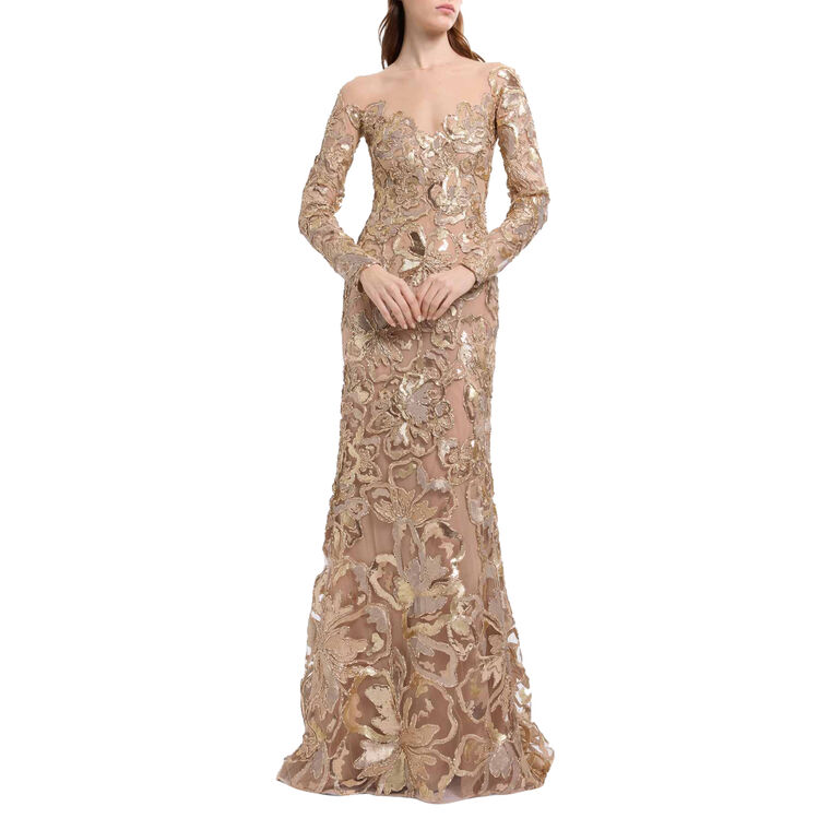 Long Sleeve Sequin Embellished Tulle Long Dress image number null