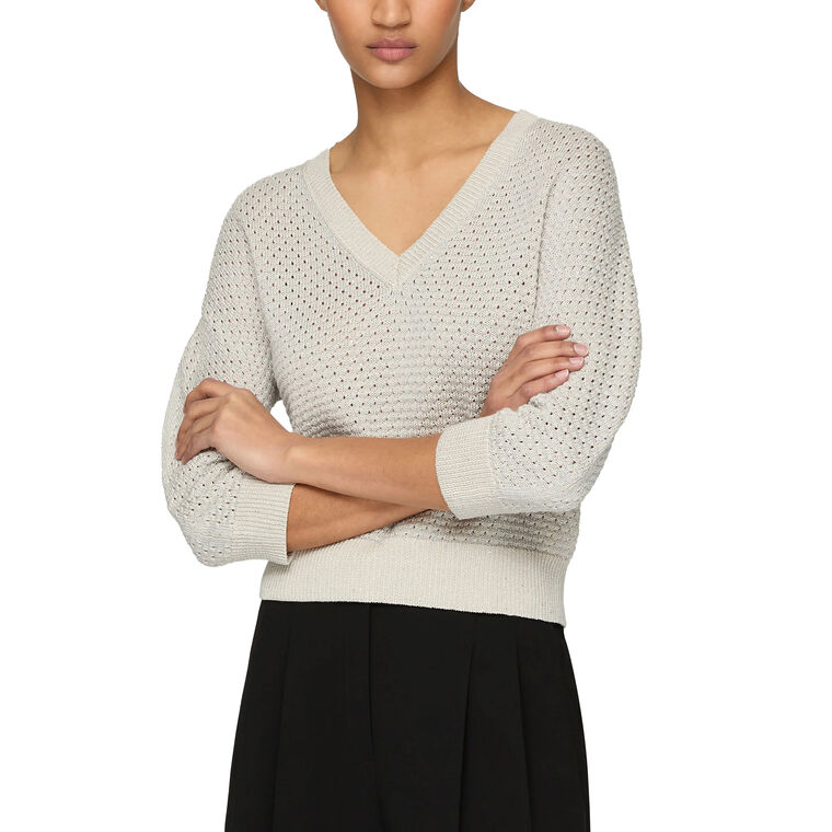 Cotton-Sequin Silk V-Neck Rounded Sleeve Sweater image number null