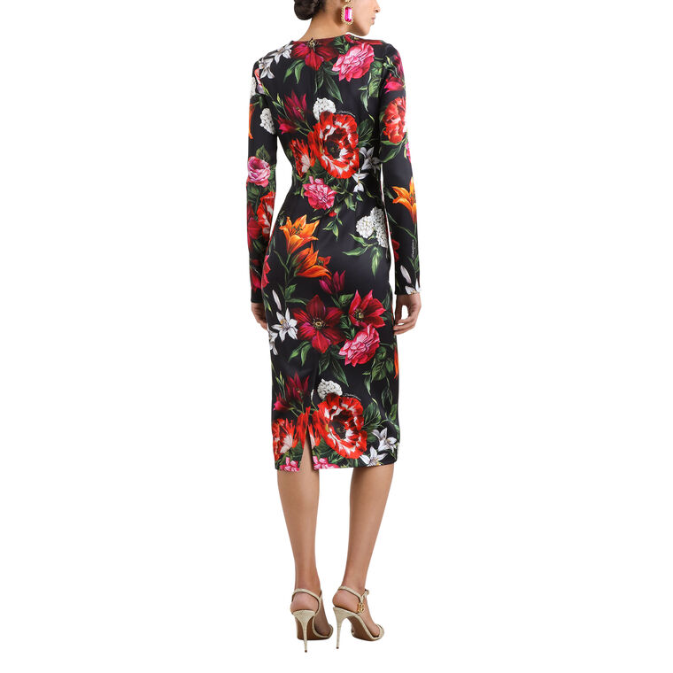 Long Sleeve Floral Print Fitted Satin Midi Dress image number null