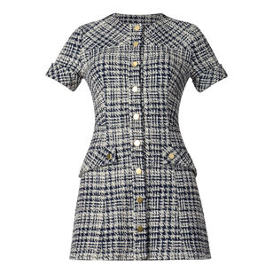 Haisley Short Sleeve Button-Front Tweed Houndstooth Mini Dress