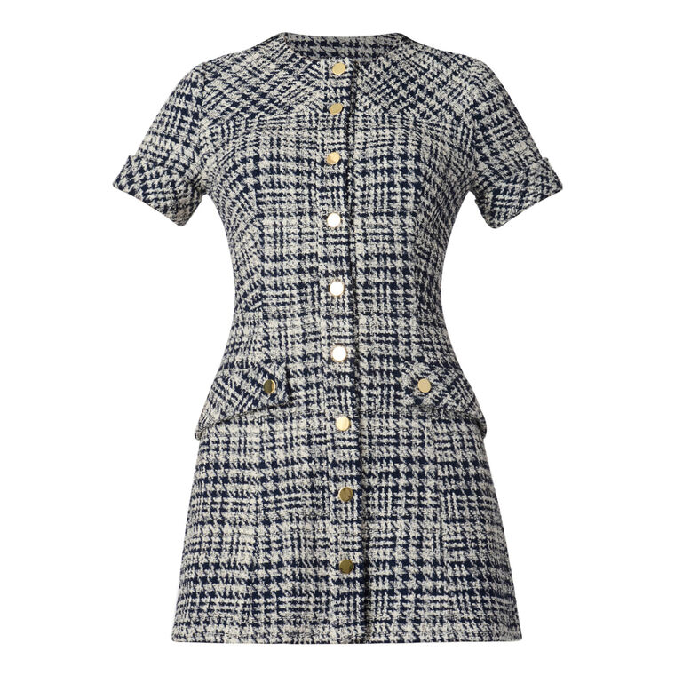 Haisley Short Sleeve Button-Front Tweed Houndstooth Mini Dress image number null
