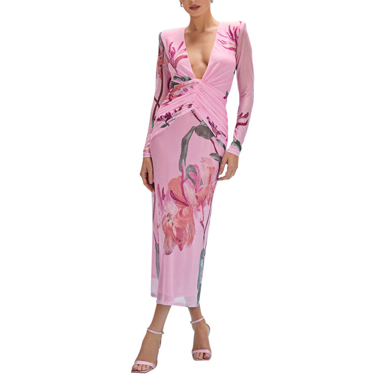 Long Sleeve V-Neck Honey Flower Tulle Midi Dress image number null