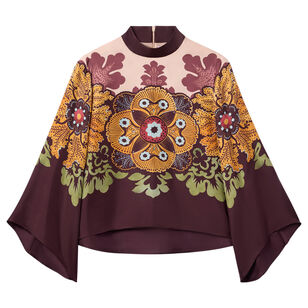 Make An Exit Bell-Sleeve High Neck Silk Top