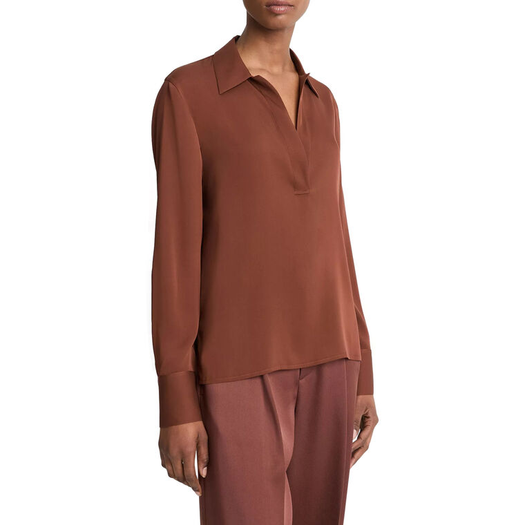 Stretch-Silk Long-Sleeve Polo Blouse image number null