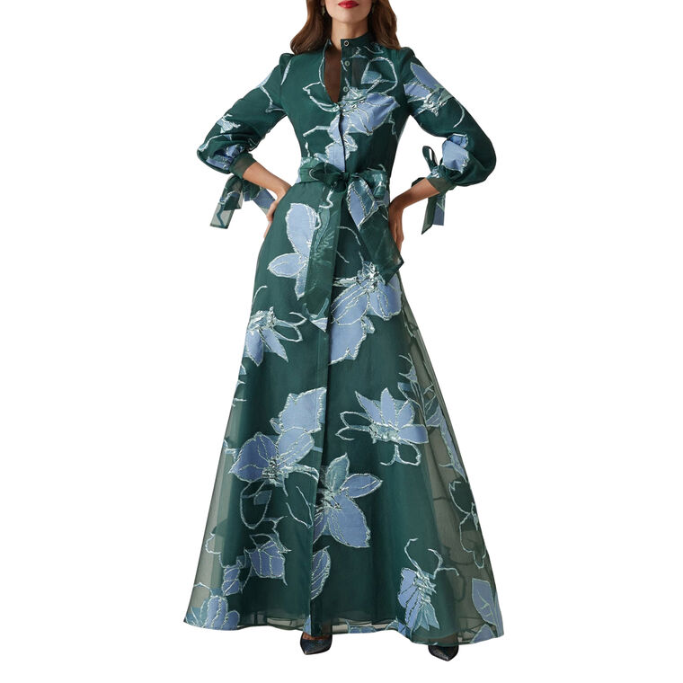 Floral Jacquard Mandarin Neck Shirt Gown image number null