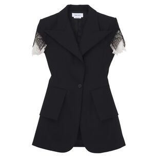 Wool Gabardine Short Sleeve Cobweb Lace Jacket