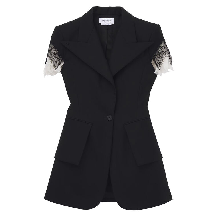 Wool Gabardine Short Sleeve Cobweb Lace Jacket image number null