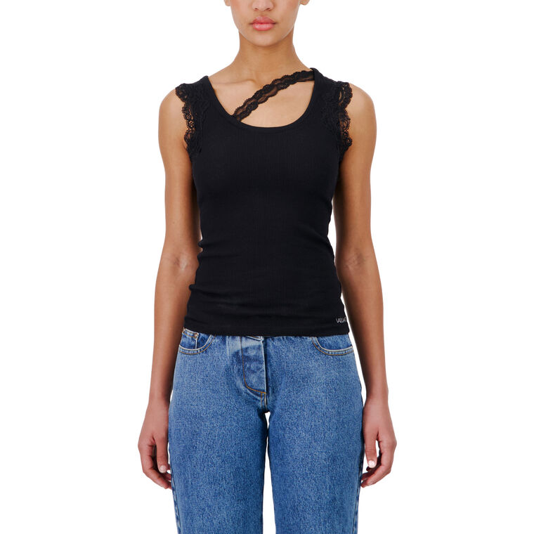 Ribbed Tank Top With Lace Trim Neckline image number null