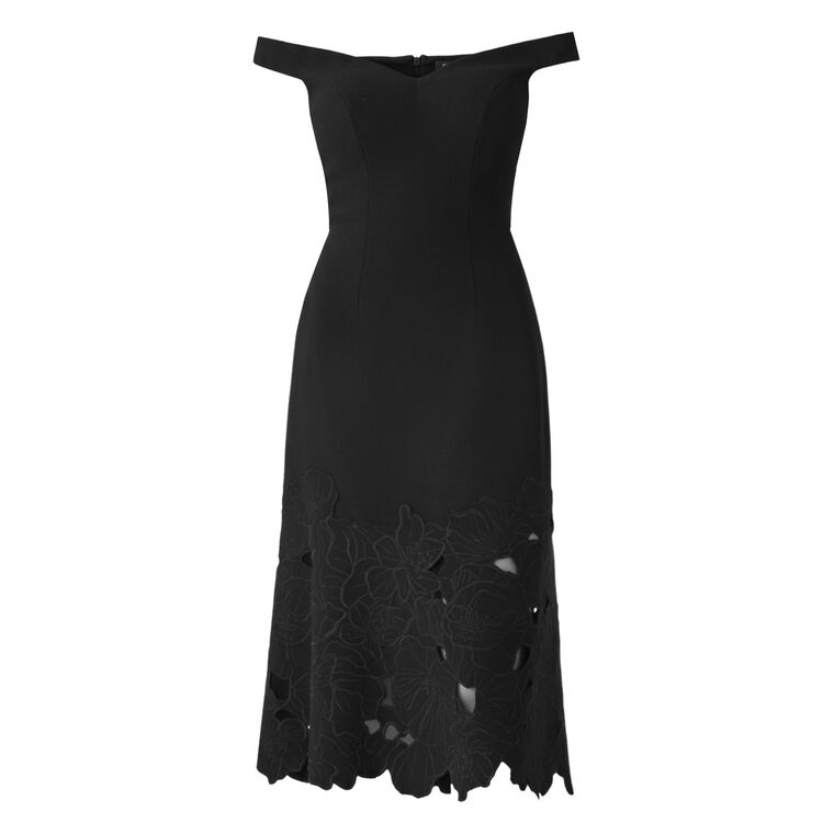 Off-The-Shoulder Sweetheart Neckline Ponte Flower Trim Midi Dress image number null