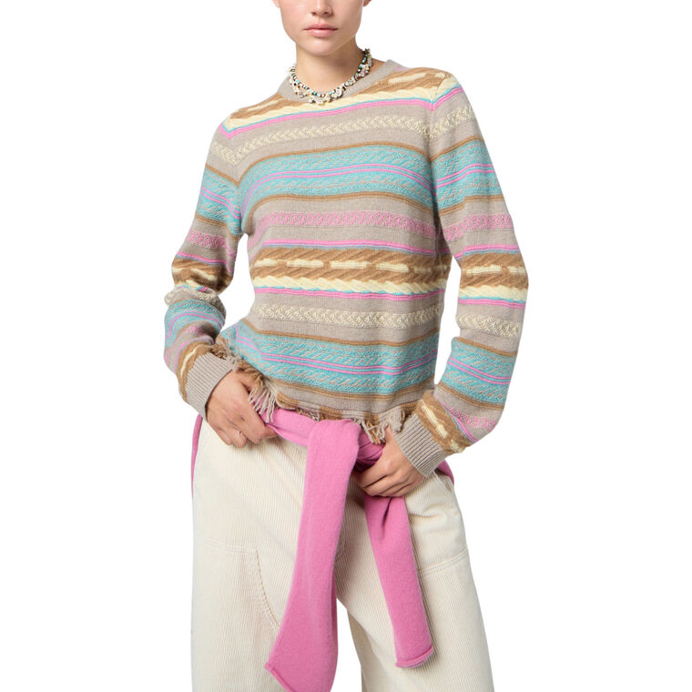 Western Stripe Long Sleeve Crewneck Sweater With Fringe Hem image number null