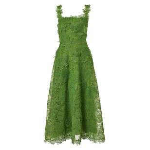 Slim Strap Square Neck Belted Lace Midi Dress